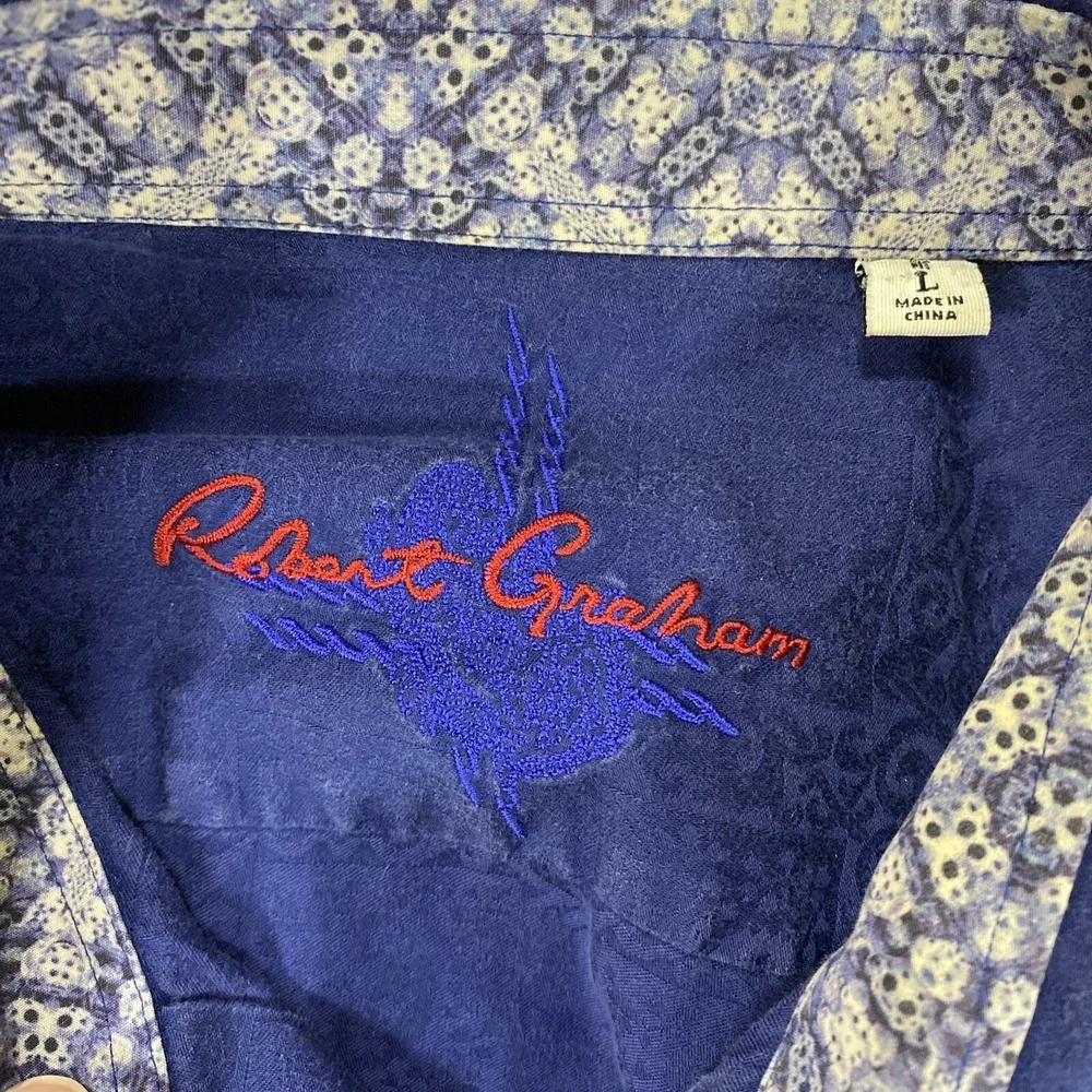 Robert Graham Shirt Mens‎ L Blue Jacquard Classic Fit Contrast Cuffs Floral Trim